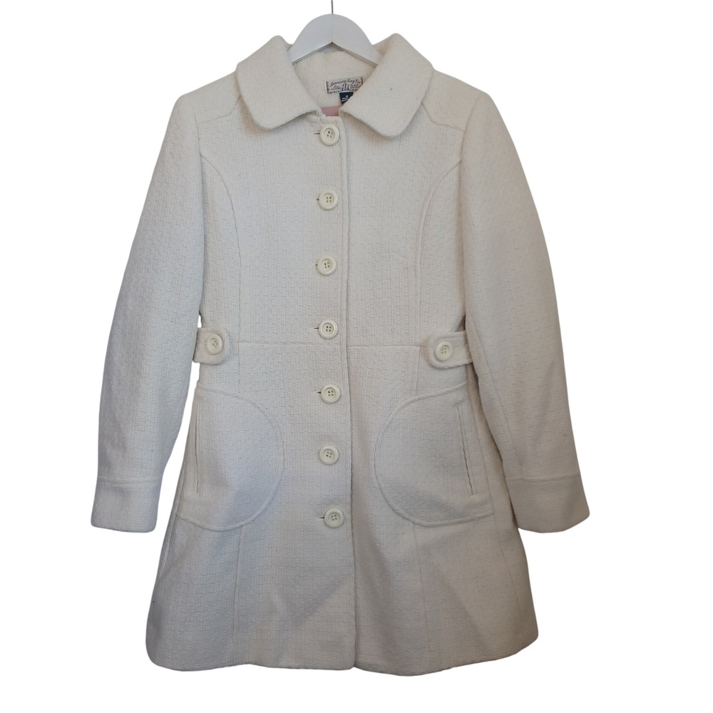 American Rag Cie Cream White Textured Knit Button Front Coat Pink Lining medium
